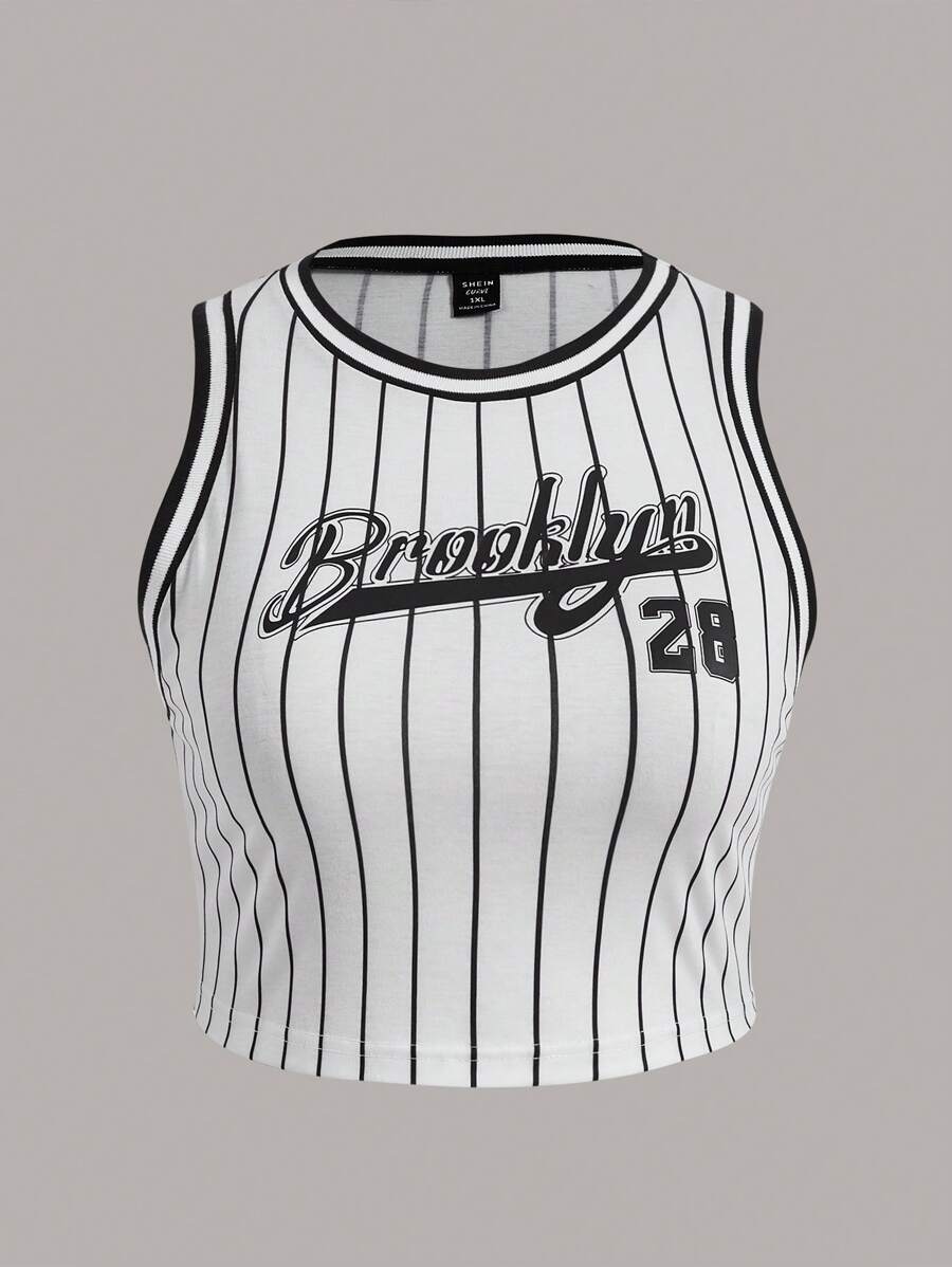 SHEIN EZwear Plus Striped & Letter Graphic Crop Tank Top - Black and White - View 1