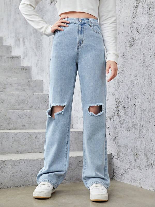 Teen Girls Ripped Straight Leg Jeans SHEIN USA
