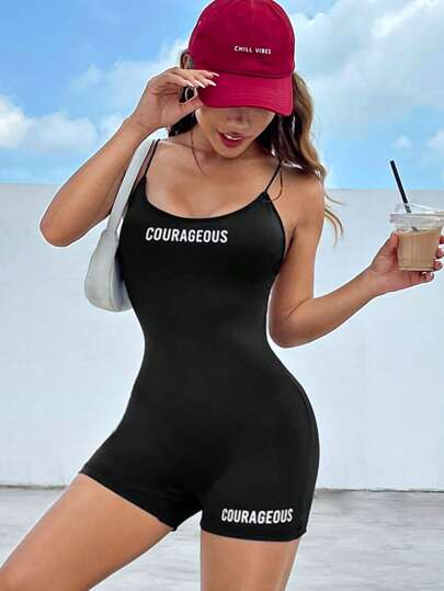 SHEIN EZwear Letter Graphic Cami Unitard Romper