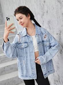 Teen Girls Ripped Drop Shoulder Denim Jacket - Light Wash - View 3