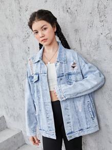Teen Girls Ripped Drop Shoulder Denim Jacket - Light Wash - View 6