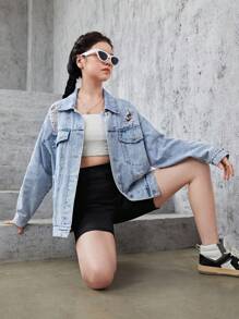 Teen Girls Ripped Drop Shoulder Denim Jacket - Light Wash - View 1