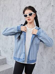 青少年女孩翻蓋口袋落肩袖連帽牛仔夾克 - 淺色水洗藍 - 查看 4