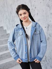 青少年女孩翻蓋口袋落肩袖連帽牛仔夾克 - 淺色水洗藍 - 查看 3