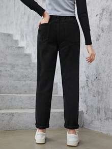 SHEIN Explorewe Bé Gái Quần Jeans Nút Túi Dây kéo màu trơn - màu đen - Xem 2