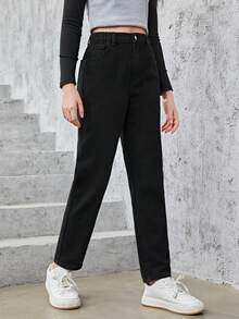 SHEIN Explorewe Bé Gái Quần Jeans Nút Túi Dây kéo màu trơn - màu đen - Xem 5