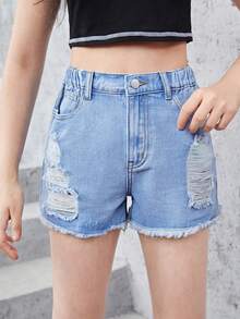 Teen Girls Ripped Raw Hem Denim Shorts - Light Wash - View 4