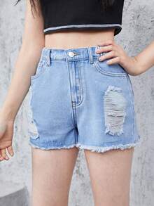 Teen Girls Ripped Raw Hem Denim Shorts - Light Wash - View 3