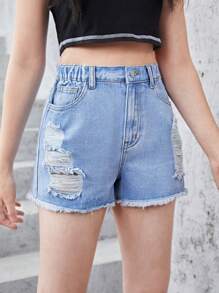 Teen Girls Ripped Raw Hem Denim Shorts - Light Wash - View 1