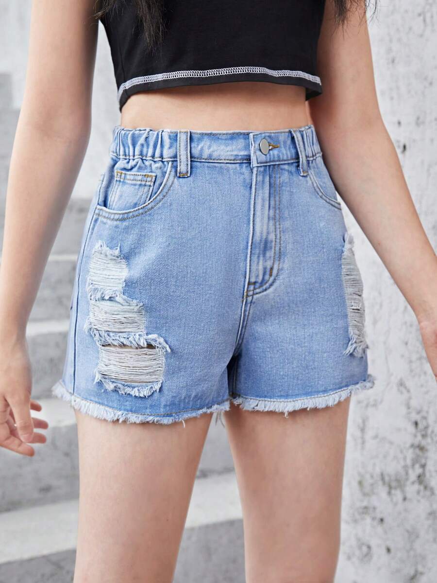 Teen Girls Ripped Raw Hem Denim Shorts - Light Wash - View 1