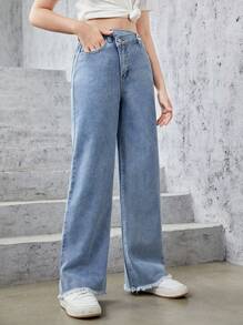 青少年女孩毛邊闊腿牛仔褲 - 淺色水洗藍 - 查看 1