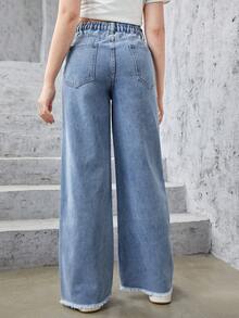 青少年女孩毛邊闊腿牛仔褲 - 淺色水洗藍 - 查看 2