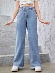 青少年女孩毛邊闊腿牛仔褲 - 淺色水洗藍 - 查看 3