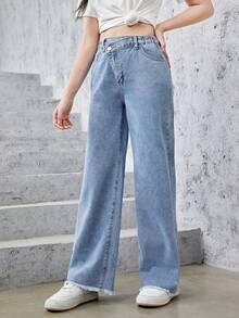 青少年女孩毛邊闊腿牛仔褲 - 淺色水洗藍 - 查看 4