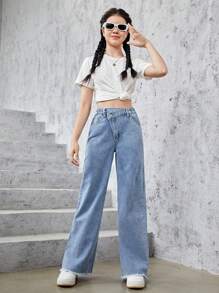 青少年女孩毛邊闊腿牛仔褲 - 淺色水洗藍 - 查看 5