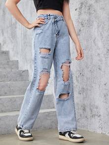 青少年女孩不對稱腰破洞直筒牛仔褲 - 淺色水洗藍 - 查看 6