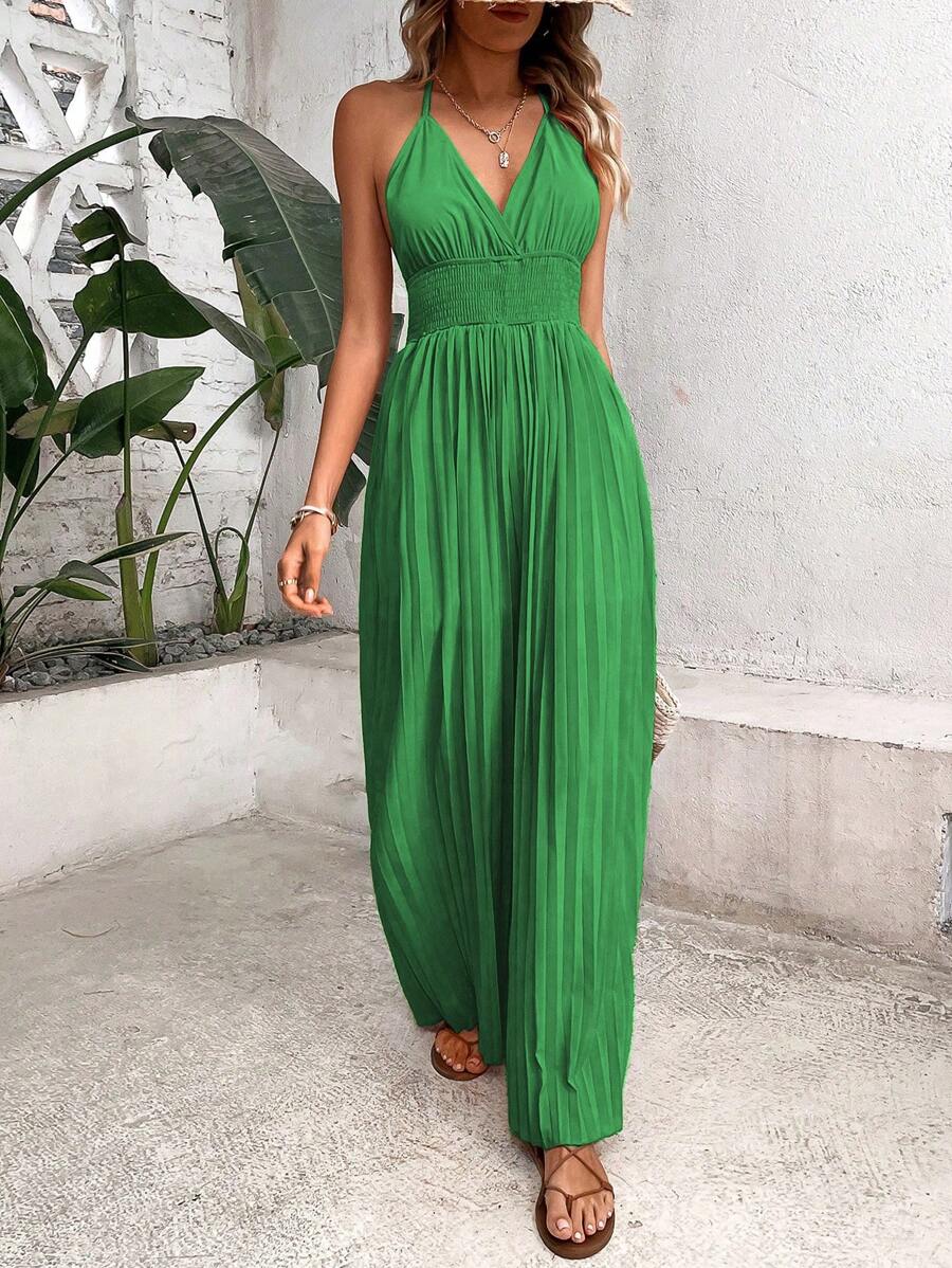 Breezaya Tie Backless Halter Jumpsuit - Green - View 1