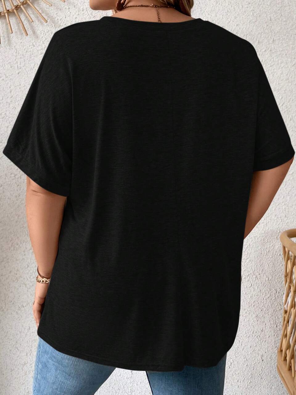 Plus Solid Batwing Sleeve Pocket Patched Tee