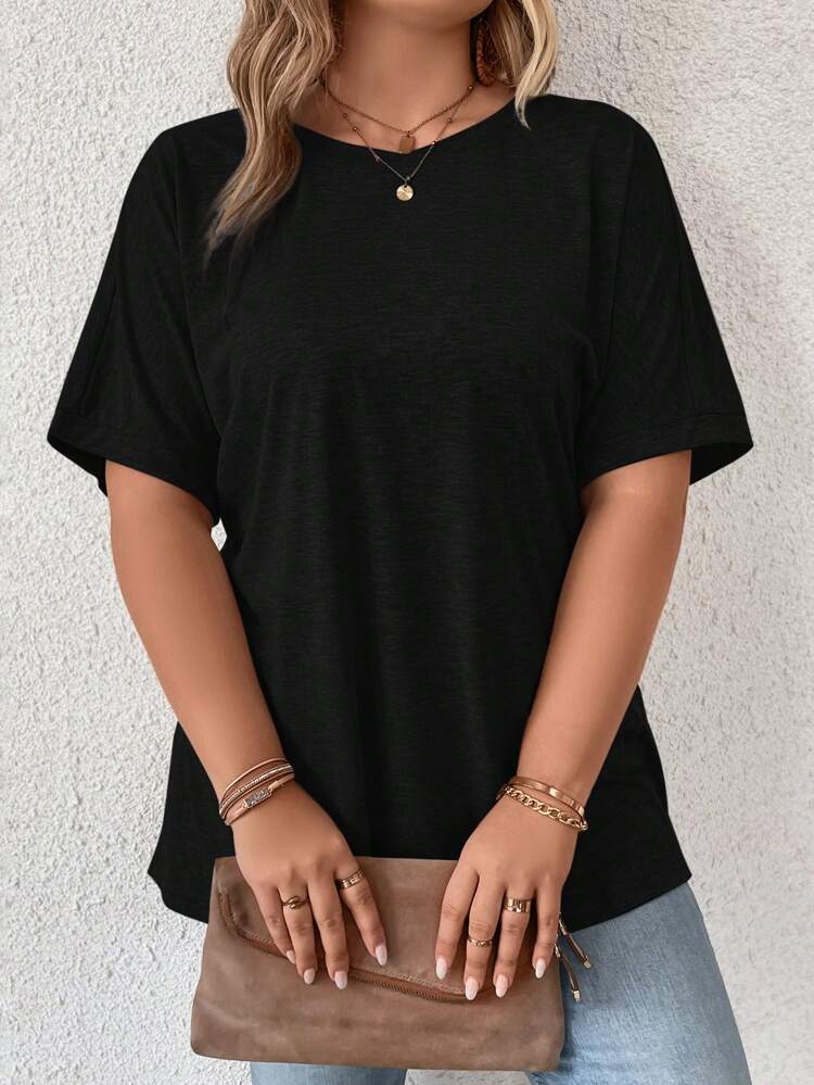 Plus Solid Batwing Sleeve Pocket Patched Tee