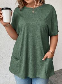 SHEIN LUNE Plus Size Women's Solid Color Round Neck Batwing Short Sleeve Casual T-Shirt With Dual Pockets - Dark Green - View 1