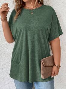 SHEIN LUNE Plus Size Women's Solid Color Round Neck Batwing Short Sleeve Casual T-Shirt With Dual Pockets - Dark Green - View 3