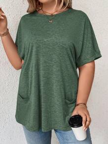 SHEIN LUNE Plus Size Women's Solid Color Round Neck Batwing Short Sleeve Casual T-Shirt With Dual Pockets - Dark Green - View 4