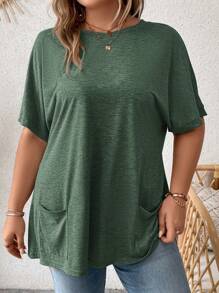 SHEIN LUNE Plus Size Women's Solid Color Round Neck Batwing Short Sleeve Casual T-Shirt With Dual Pockets - Dark Green - View 5