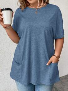 SHEIN LUNE Plus Batwing Sleeve Pocket Patched Tee - Dusty Blue - View 1