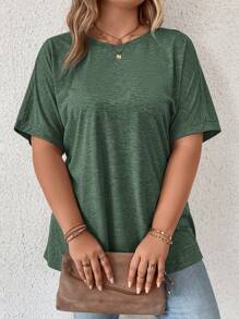 SHEIN LUNE Plus Size Women's Solid Color Round Neck Batwing Short Sleeve Casual T-Shirt With Dual Pockets - Dark Green - View 6