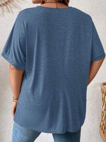 SHEIN LUNE Plus Batwing Sleeve Pocket Patched Tee - Dusty Blue - View 2