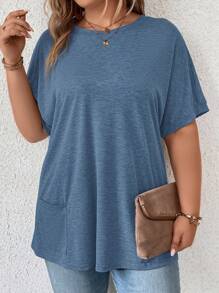 SHEIN LUNE Plus Batwing Sleeve Pocket Patched Tee - Dusty Blue - View 4