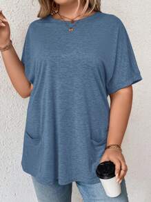 SHEIN LUNE Plus Batwing Sleeve Pocket Patched Tee - Dusty Blue - View 5