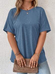 SHEIN LUNE Plus Batwing Sleeve Pocket Patched Tee - Dusty Blue - View 6