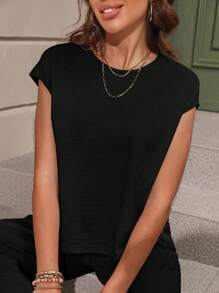 SHEIN LUNE Bộ đồ hai mảnh nữ Túi màu trơn Giải trí - màu đen - Xem 6