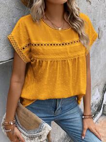 EMERY ROSE 圓點蕾絲拼接蝙蝠袖襯衫 - 芥末黃 - 查看 7