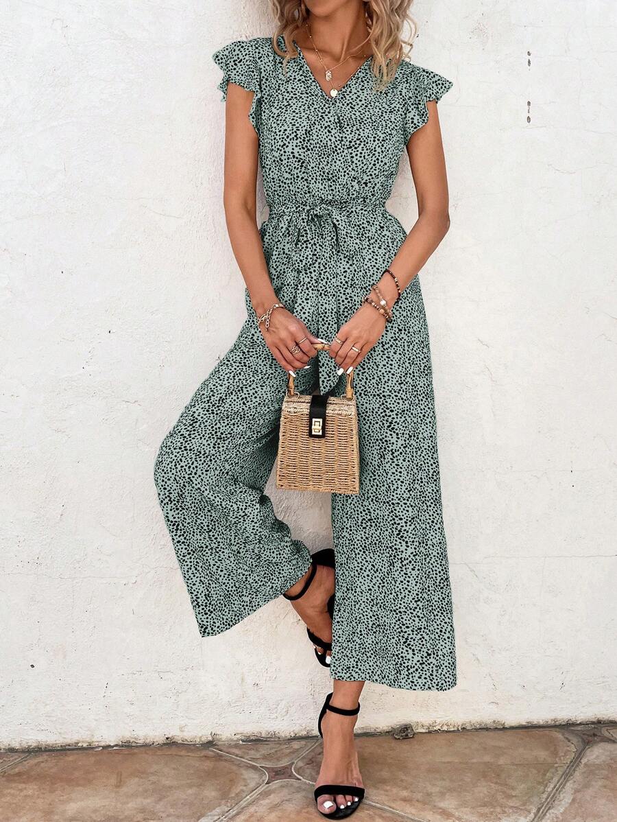 SHEIN VCAY 滿版印花蝴蝶袖腰帶闊腿連體褲