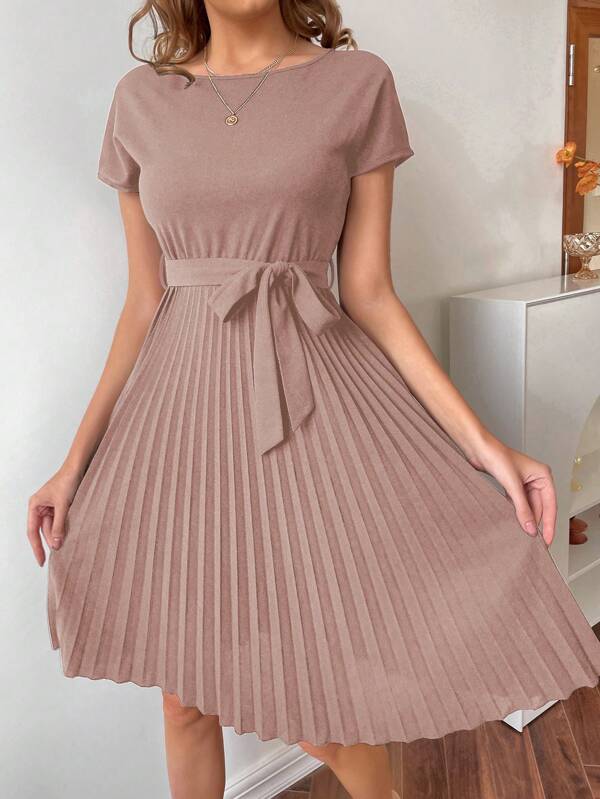 Calvaya Pleated Hem Self Belted Dress