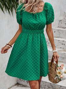 SHEIN VCAY Solid Puff Sleeve A-line Dress - Green - View 1