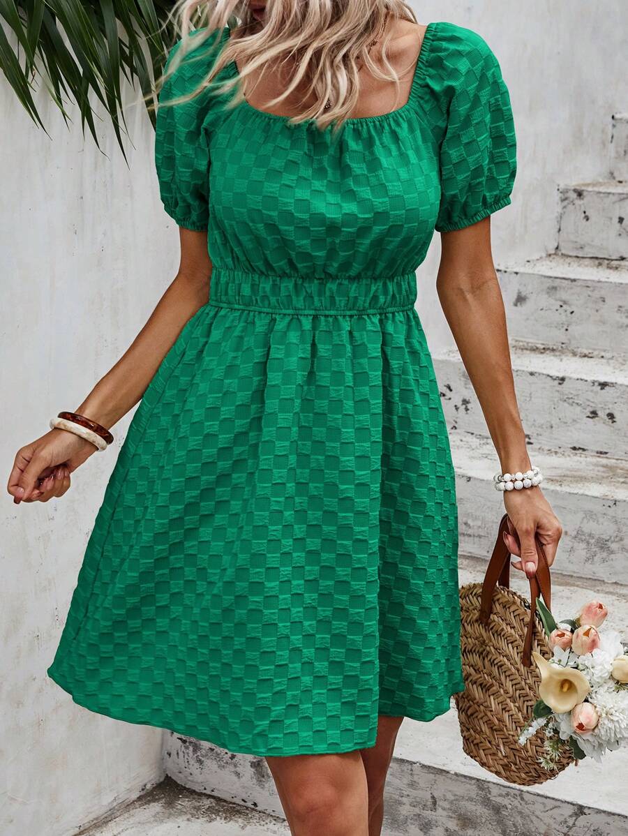 SHEIN VCAY Solid Puff Sleeve A-line Dress - Green - View 1