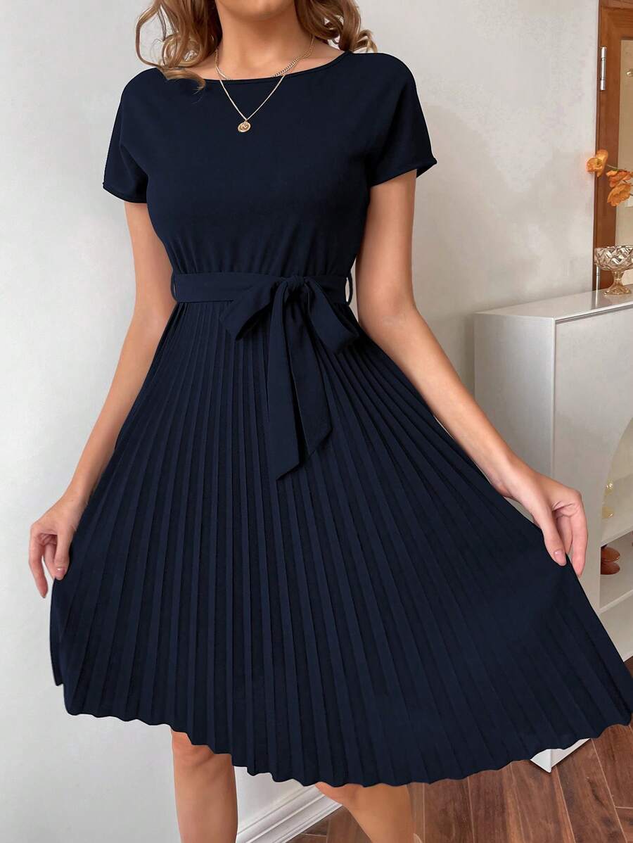 EMERY ROSE Pleated Hem Self Belted Dress - Navy Blue - View 1