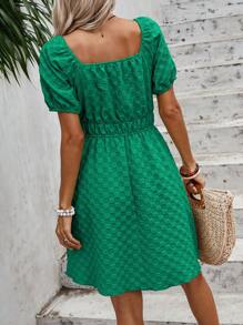 SHEIN VCAY Solid Puff Sleeve A-line Dress - Green - View 2