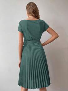 EMERY ROSE 百褶下擺自腰帶連衣裙 - 墨綠色 - 查看 2