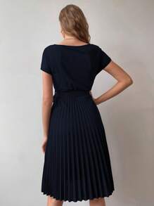 EMERY ROSE Pleated Hem Self Belted Dress - Navy Blue - View 2