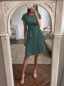 EMERY ROSE 百褶下擺自腰帶連衣裙 - 墨綠色 - 查看 3