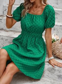 SHEIN VCAY Solid Puff Sleeve A-line Dress - Green - View 3