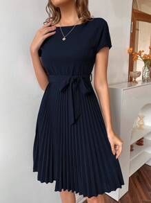 EMERY ROSE Pleated Hem Self Belted Dress - Navy Blue - View 3