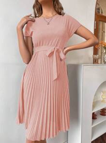 EMERY ROSE Pleated Hem Self Belted Dress - Baby Pink - View 3