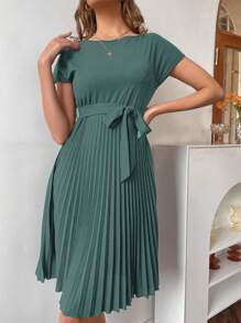 EMERY ROSE 百褶下擺自腰帶連衣裙 - 墨綠色 - 查看 4