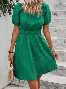 SHEIN VCAY Solid Puff Sleeve A-line Dress - Green - View 4