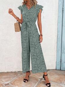 SHEIN VCAY 滿版印花蝴蝶袖腰帶闊腿連體褲